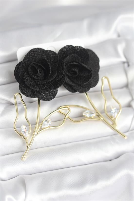 Pirinç Gold Renk Siyah Gül Model Kadın Küpe