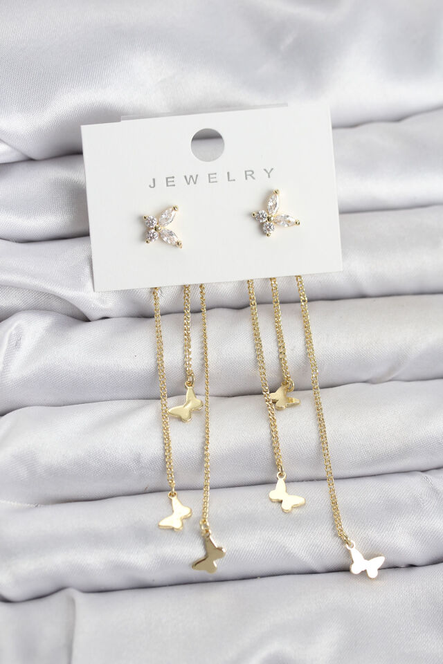Kelebek Model Gold Renk Pirinç Sallantılı Kadın Küpe