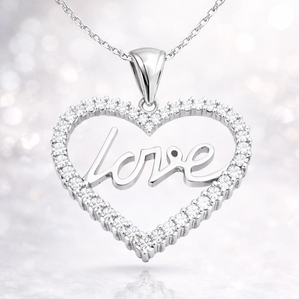 Gümüş Taşlı Love Bayan Kolye
