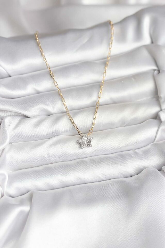 Pirinç Gold Renk Zincirli Zirkon Taşlı Minimal Yıldız Model Kadın Kolye