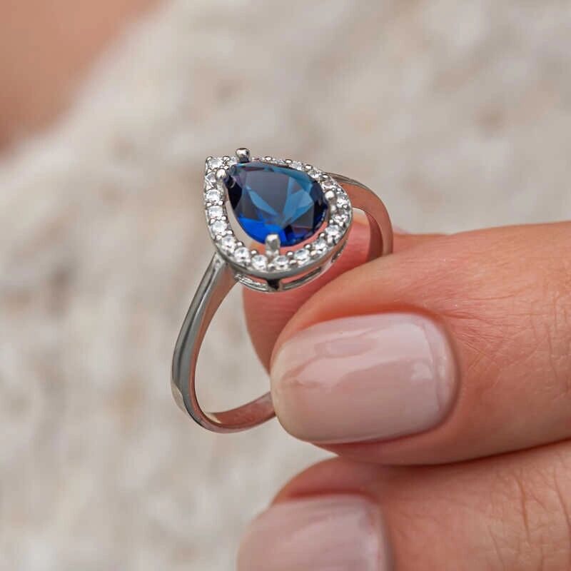 Gümüş Damla Safir Taşlı Kadın Yüzük