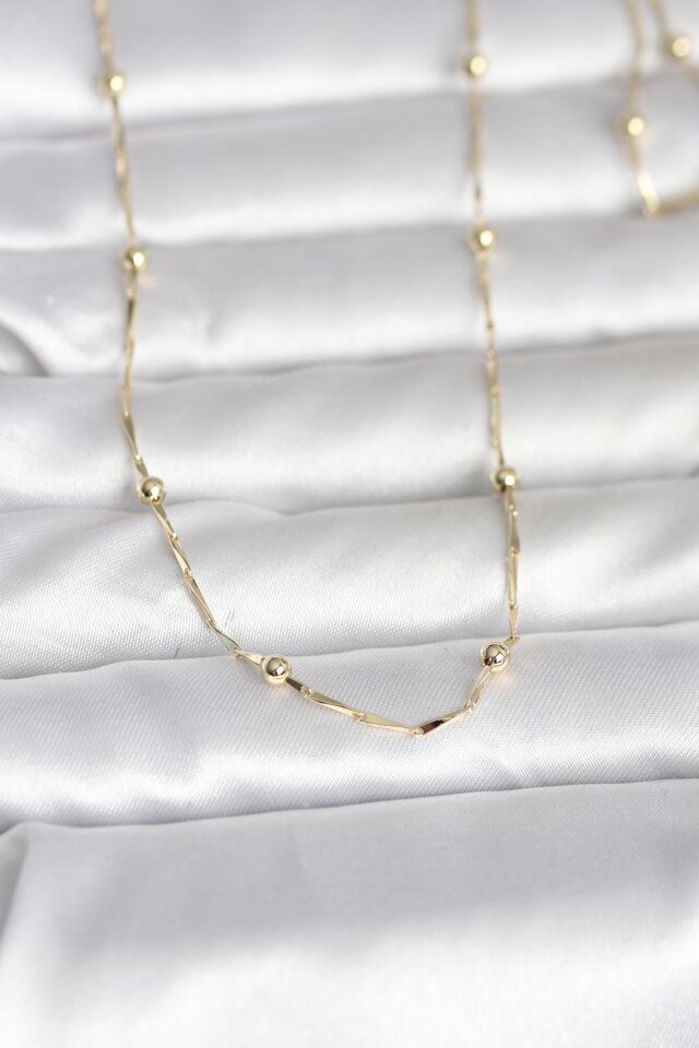 CM 14K Gold Renk Kesme Çubuk Zincir Topçuklu Model 60 cm Kadın Kolye