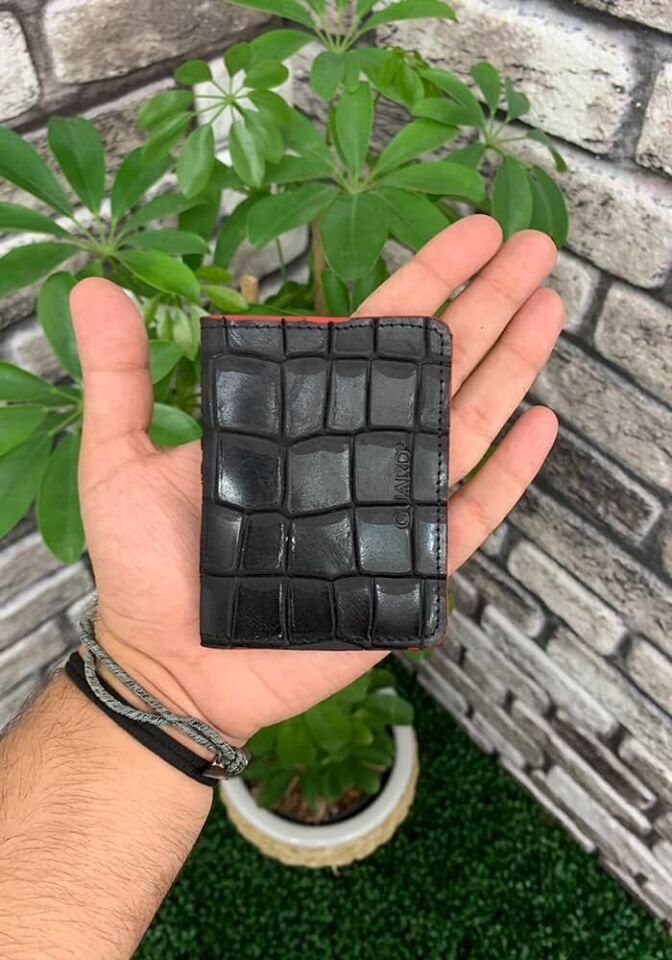 Guard Minimal Croco Baskılı kırmızı Kenarlı Deri Kartlık