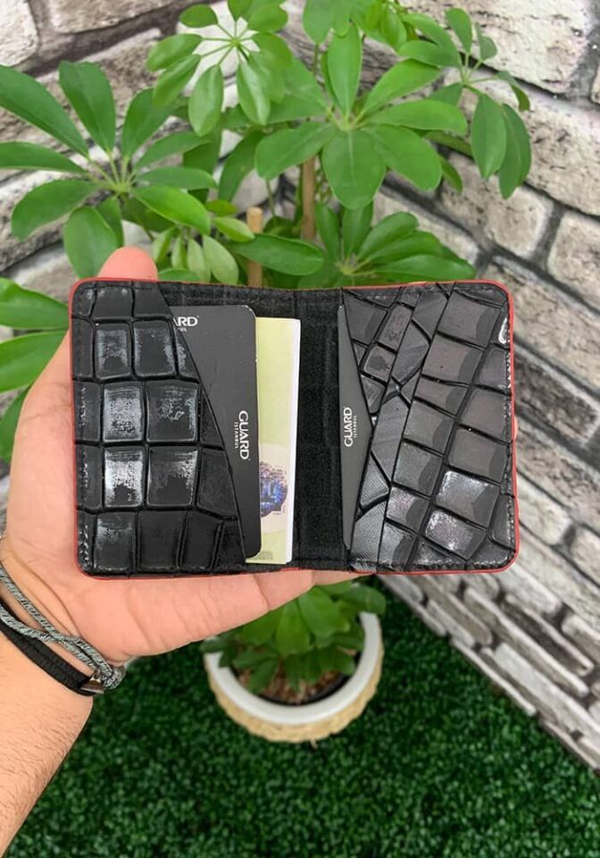 Guard Minimal Croco Baskılı kırmızı Kenarlı Deri Kartlık