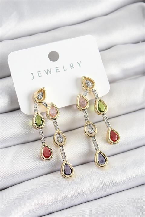 Pirinç Çoklu Damla Model Karşık Zirkon Taşlı Gold Ve Gümüş Renk Kadın Küpe