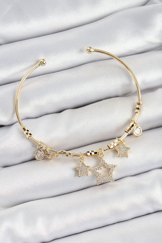 Pirinç Zirkon Taşlı Yıldız Model Gold Renk Charm Bileklik