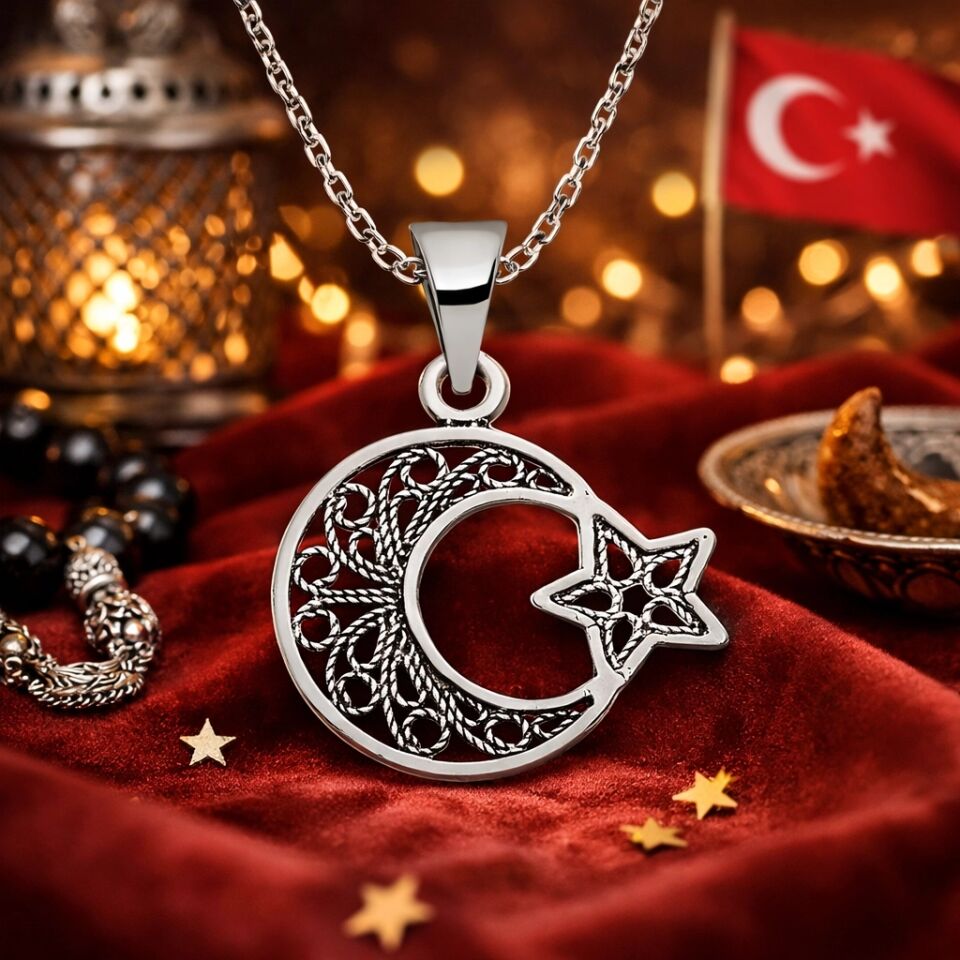 Gümüş Ay Yıldız Telkari Bayan Kolye