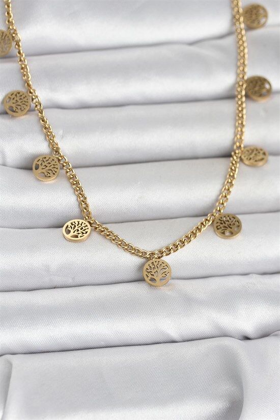 316L Çelik Gold Renk Yaşam Ağacı Model Kadın Kolye