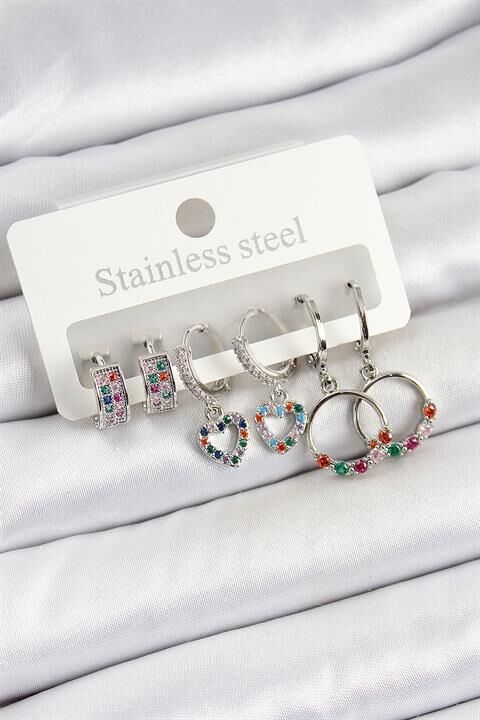 Pirinç Zirkon Taşlı Kalp Ve Halka Model Gold Renk 6'lı Set Kadın Küpe