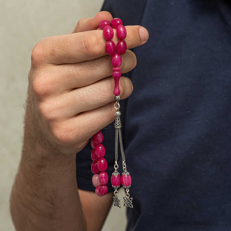 Gümüş Püsküllü Pembe Sıkma Kehribar Tesbih