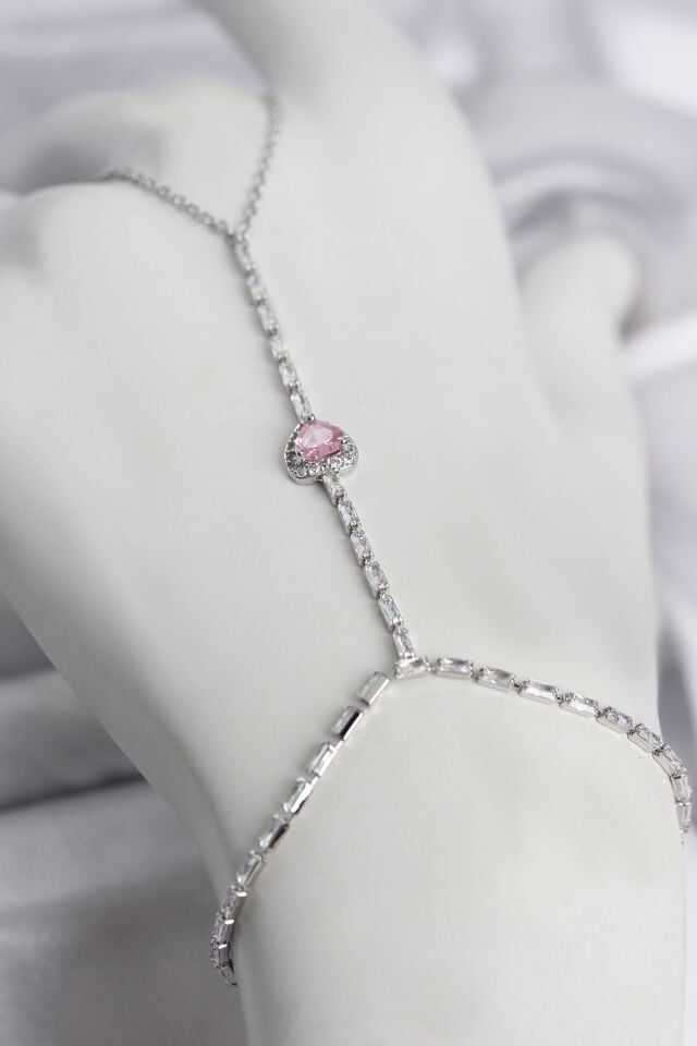 Gümüş Renk Pirinç Zirkon Taşlı Pembe Kalp Model Şahmeran