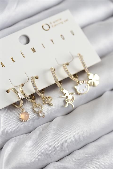 Pirinç Zirkon Taşlı Hello Kity Ve Yonca Model Gold Renk 6'lı Küpe Set