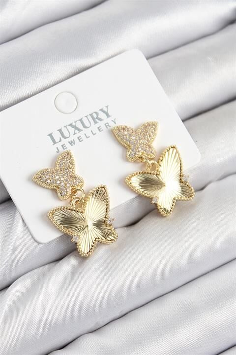 Pirinç Zirkon Taşlı Kelebek Model Gold Renk Kadın Küpe
