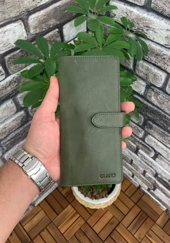Guard Antik Yeşil Kart ve Para Slotlu Deri Telefon Cüzdanı