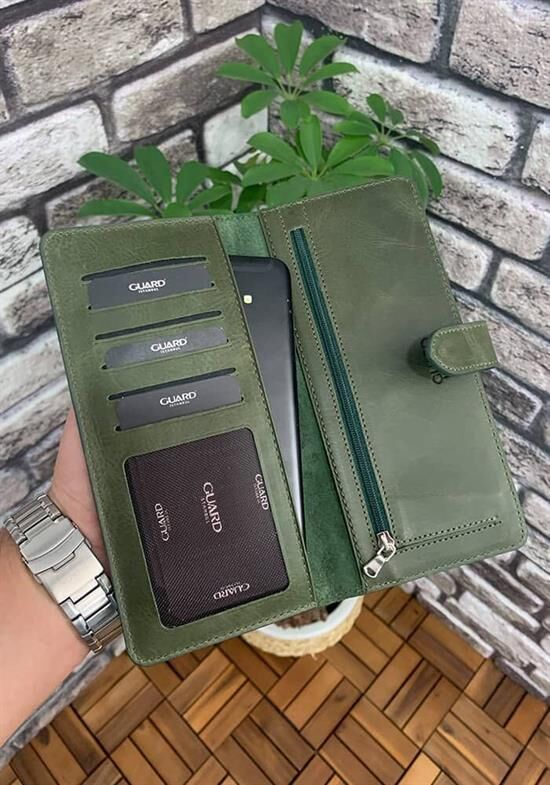 Guard Antik Yeşil Kart ve Para Slotlu Deri Telefon Cüzdanı