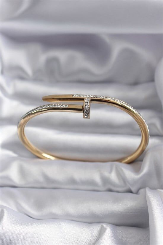 316L Çelik Gold Renk Çivi Model Zirkon Taş Detay Kadın Bileklik