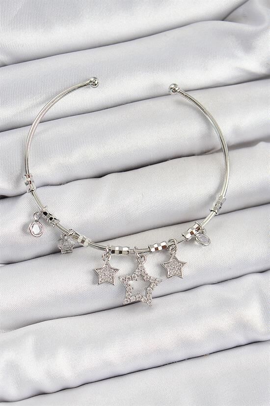 Pirinç Zirkon Taşlı Yıldız Model Gümüş Renk Charm Bileklik