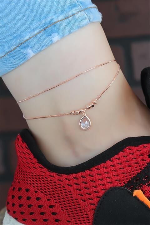 Kristal Taşlı Rose Renk Çift Zincirli Hal Hal