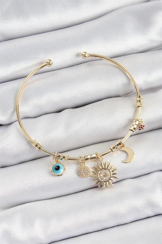 Pirinç Zirkon Taşlı Güneş Ay Nazar Model Gold Renk Charm Bileklik