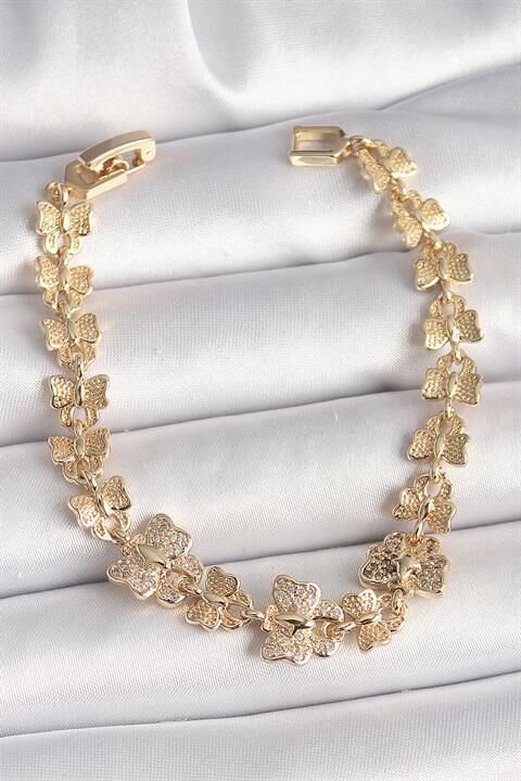 Pirinç Gold Renk Zirkon Taşlı Kelebek Model Zincir Kadın Bileklik