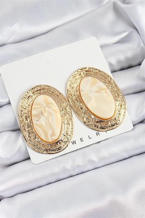Pirinç Mermer Desenlli Bej Sedef Oval Vintage Model Gold Renk Kadın Küpe