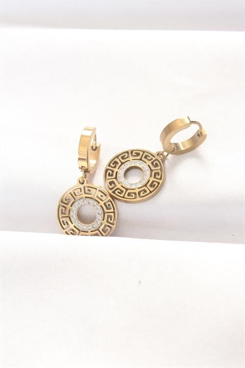 Pirinç Gold Renk Taşlı Oval Küpe
