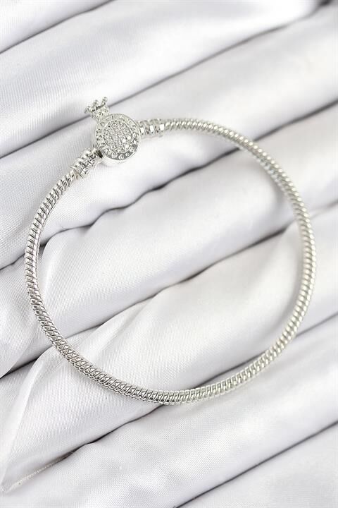Pirinç Charm Zirkon Taşlı Taç Model Gümüş Renk Kadın Bileklik