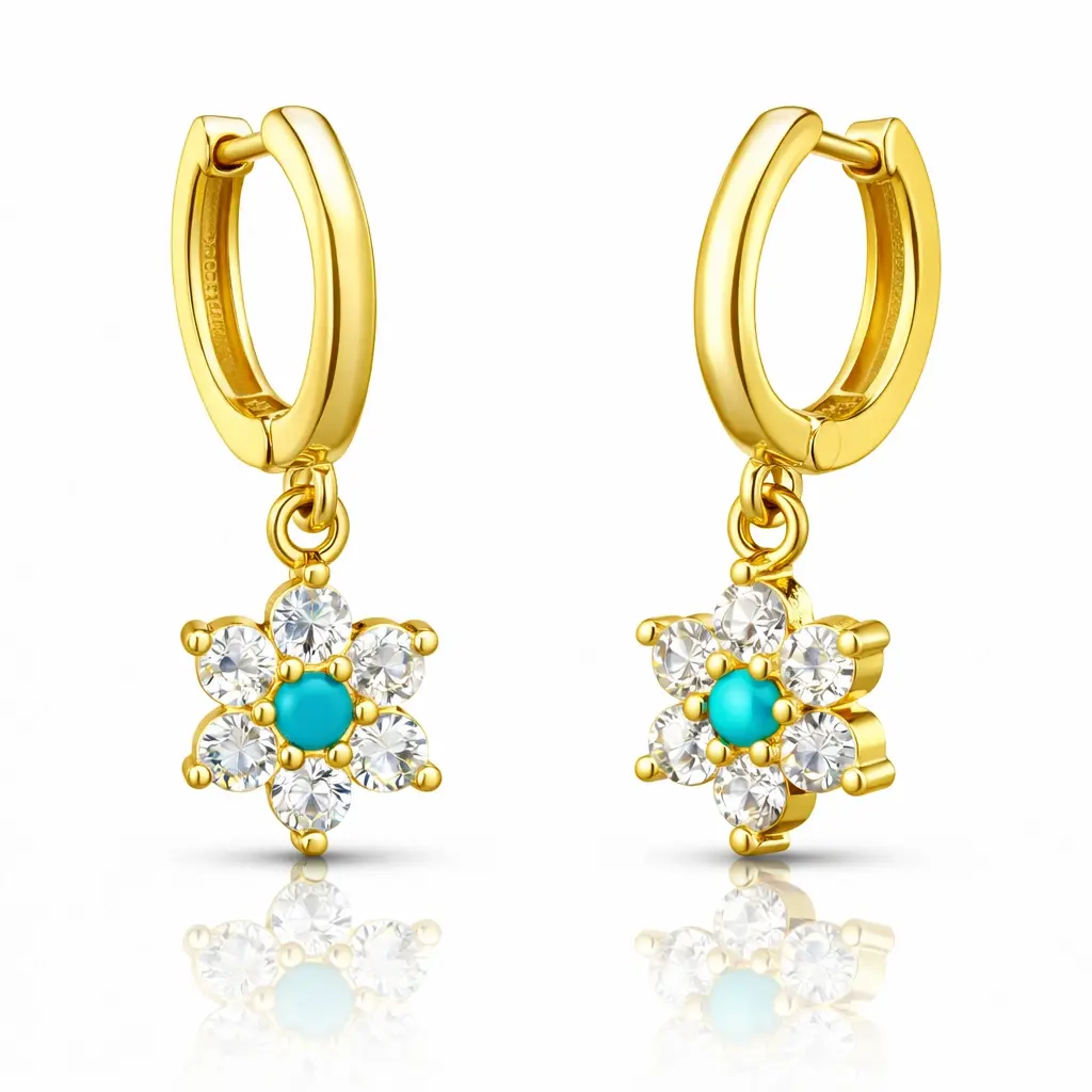 Gümüş Mavi Taşlı Gold Çiçek Kadın Küpe