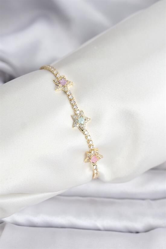 Renkli Yıldız Model Zirkon Taşlı Gold Renk Pirinç Su Yolu Kadın Bileklik