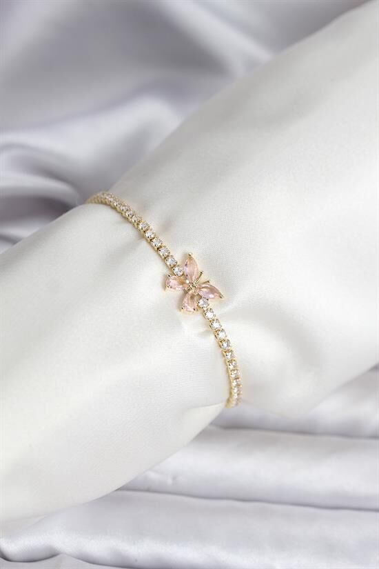 Kelebek Model Zirkon Taşlı Gold Renk Pirinç Su Yolu Kadın Bileklik