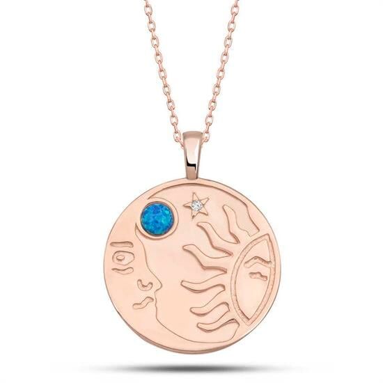 Gümüş Rose Opal Mavi Taşlı Ay Güneş Kadın Kolye