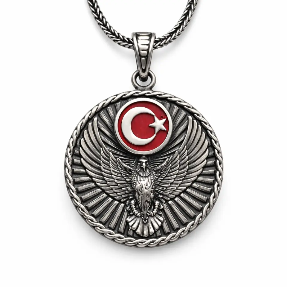 Gümüş Türk Kartalı ve Ay Yıldız Motifli Erkek Kolye