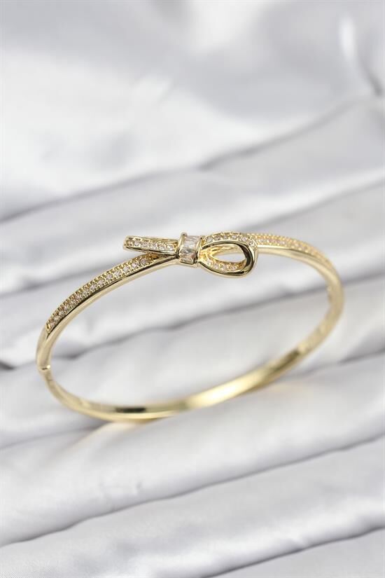 Pirinç Gold Renk Zirkon Taşlı Fiyonk Model Kadın Kelepçe Bileklik