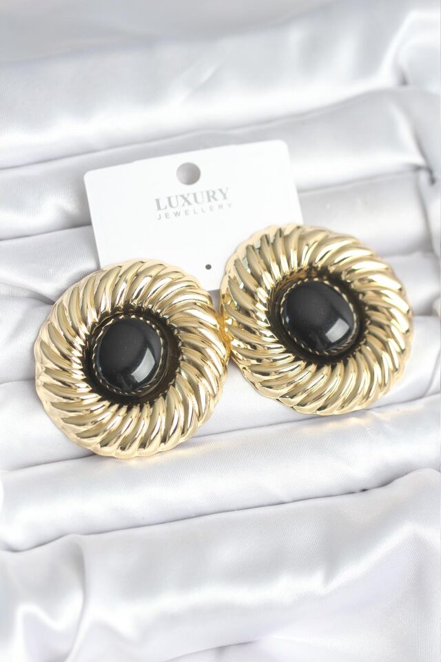 Pirinç Gold Renk Siyah Boncuklu Vintage Kadın Küpe