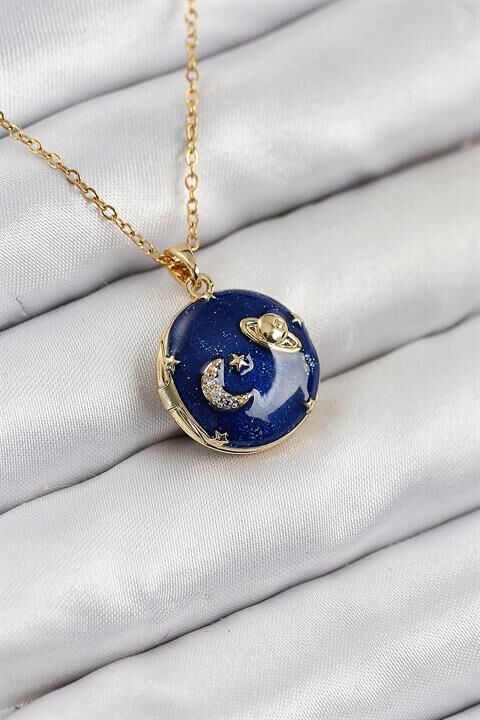 316L Çelik Zirkon Taşlı Açılabilr Kapaklı Gezegen Model Gold Renk Kadın Kolye