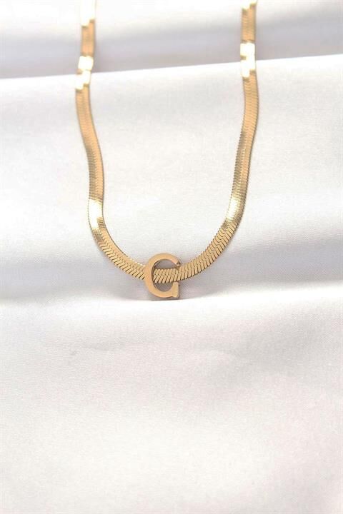 316L Çelik C Harfli Gold Renk İtalyan Zincirli Kolye