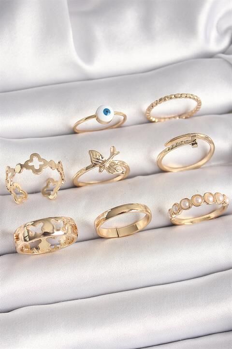 Pirinç Gold Renk Nazar Boncuk Model Kuş Detay Kadın Yüzük Kombini