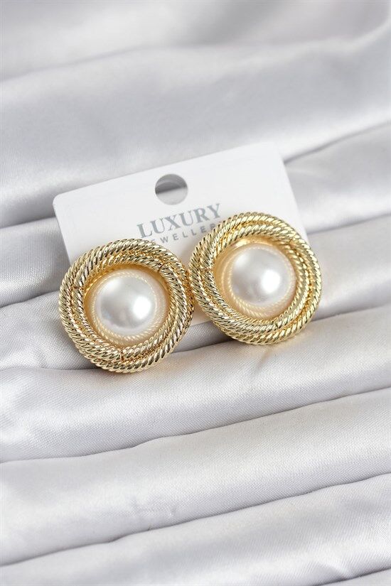 Pirinç Gold Renk Sarmal Model İncili Kadın Küpe