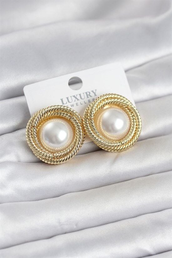 Pirinç Gold Renk Sarmal Model İncili Kadın Küpe