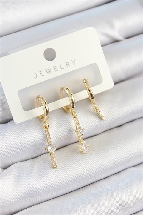 Pirinç Zirkon Taşlı Sallantılı Model Gold Renk 3'lü Çift Kadın Küpe Set