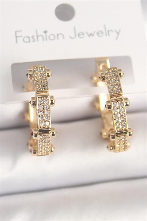 Pirinç Gold Renk Zirkon Taşlı Halka Model Kadın Küpe