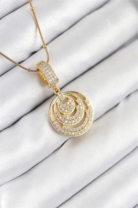 316L Çelik Zirkon Taşlı Çember Model Gold Renk Kadın Kolye