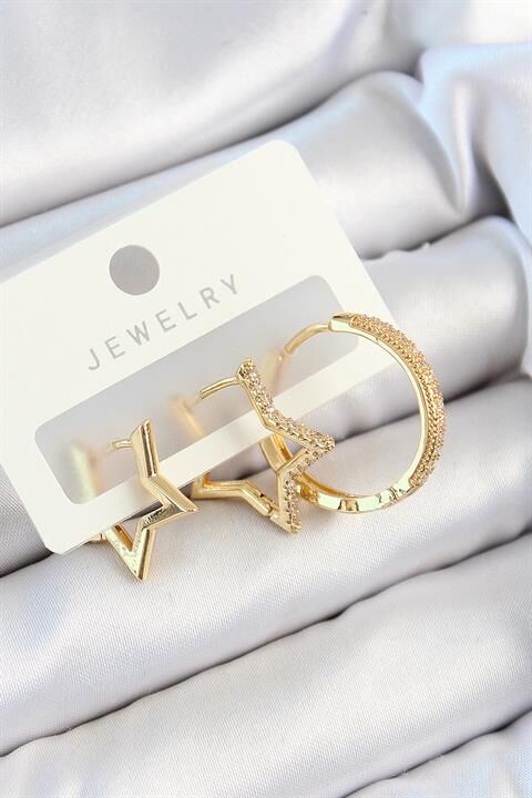 Pirinç Zirkon Taşlı Yıldız Ve Halka Model Gold Renk 3'lü Çift Kadın Küpe Set