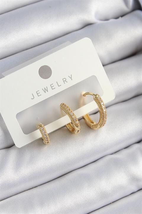 Pirinç Zirkon Taşlı Halka Model Gold Renk 3'lü Çift Kadın Küpe Set
