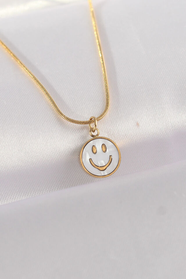 316L Çelik Zincir Altın Renk Mermer Desenli Minimal Smile Kolye