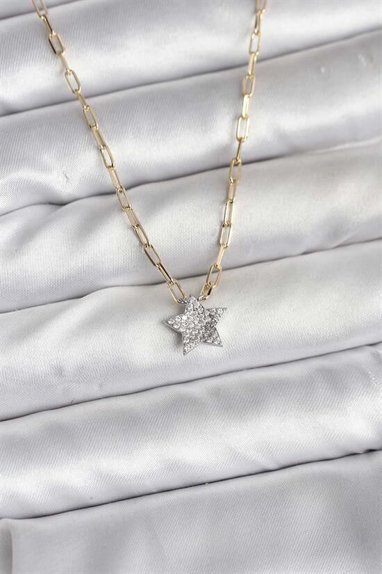 Pirinç Gold Renk Zincirli Zirkon Taşlı Minimal Yıldız Model Kadın Kolye