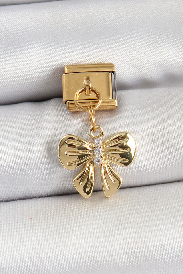 316L Çelik Sallantılı Zirkon Taşlı Fiyonk Model Gold Renk Nomination Charm