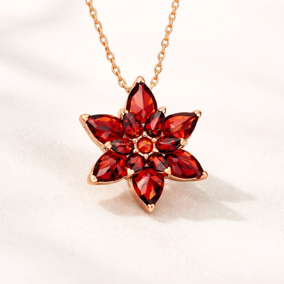 Gümüş Rose Kırmızı Lotus Çiçeği Kolye