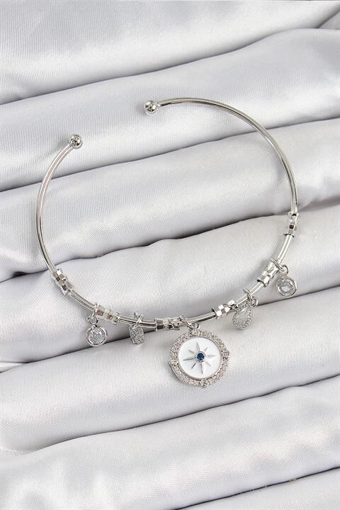 Pirinç Zirkon Taşlı Pusula Model Gümüş Renk Charm Bileklik