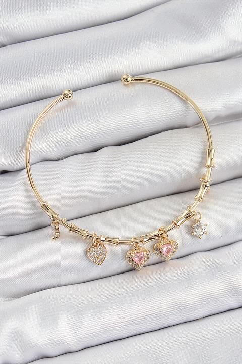 Pirinç Zirkon Taşlı Pembe Kalp Model Gold Renk Charm Bileklik